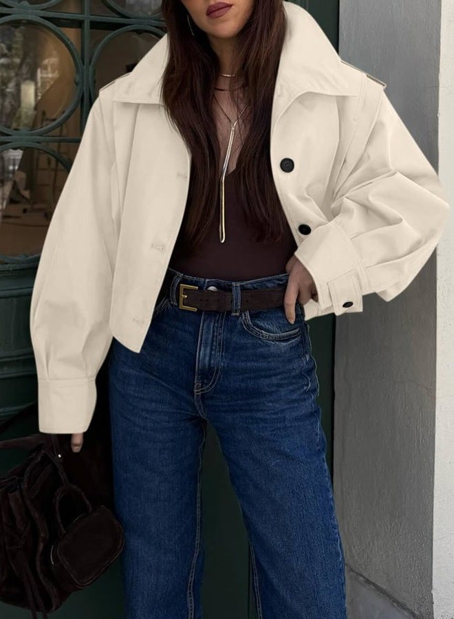 Cicy Bell Womens Cropped Trench Coats Pleated Button Down Short Jackets Fall Casual Lapel Loose Fit Outerwears, Apricot, XL - Image 2