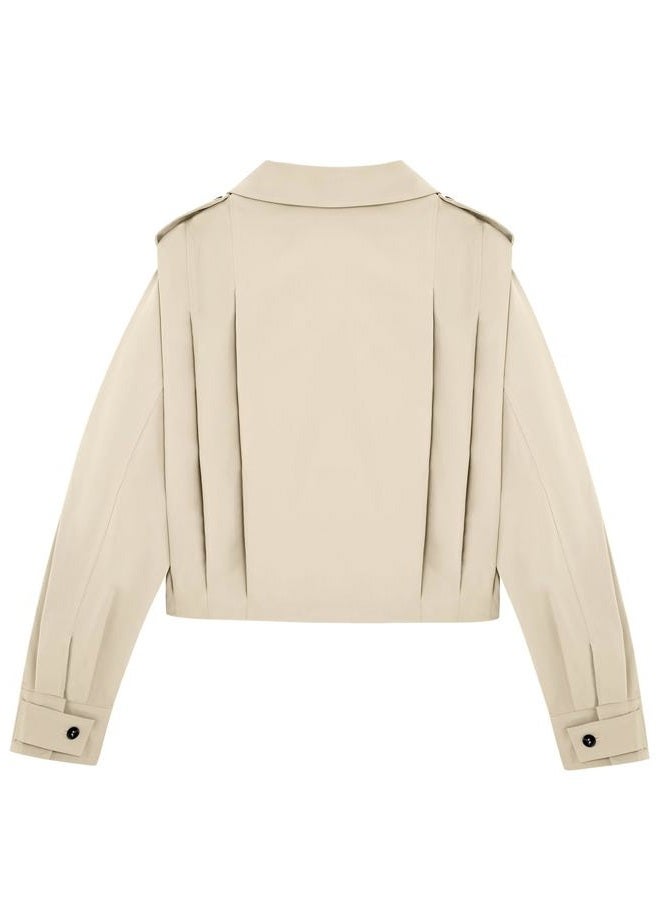 Cicy Bell Womens Cropped Trench Coats Pleated Button Down Short Jackets Fall Casual Lapel Loose Fit Outerwears, Apricot, XL - Image 5