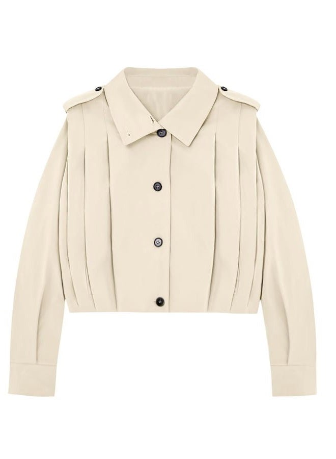 Cicy Bell Womens Cropped Trench Coats Pleated Button Down Short Jackets Fall Casual Lapel Loose Fit Outerwears, Apricot, XL - Image 4