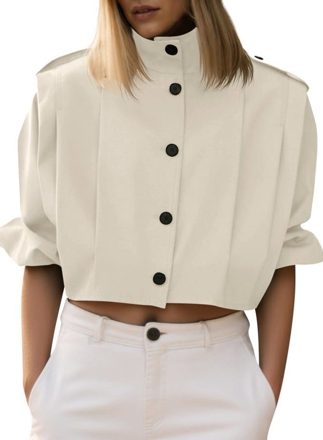 Cicy Bell Womens Cropped Trench Coats Pleated Button Down Short Jackets Fall Casual Lapel Loose Fit Outerwears, Apricot, XL - Image 1