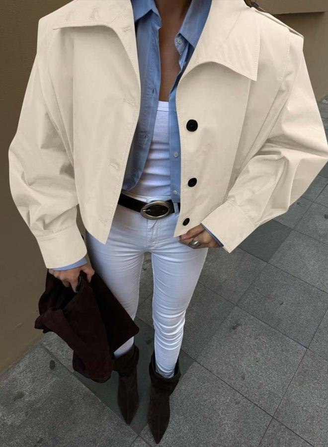 Cicy Bell Womens Cropped Trench Coats Pleated Button Down Short Jackets Fall Casual Lapel Loose Fit Outerwears, Apricot, XL - Image 3