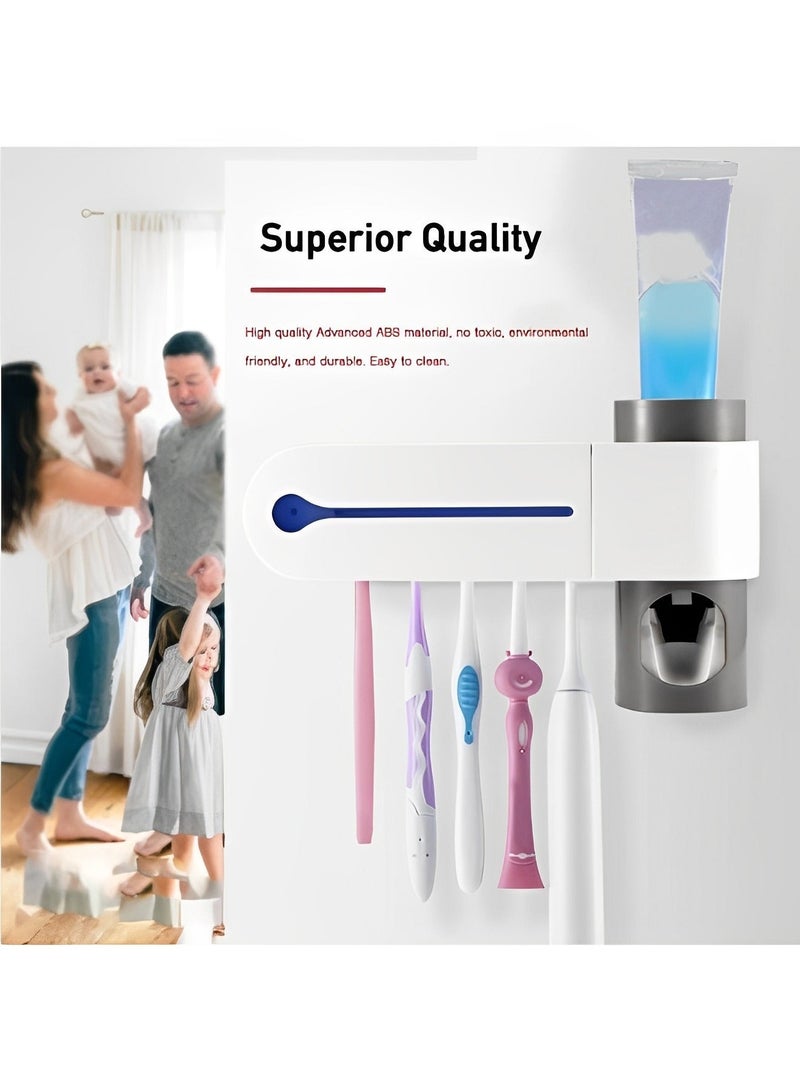 هالامودو حامل فرشاة الأسنان 3 في 1 وظيفة بما في ذلك حامل فرشاة الأسنان وموزع معجون الأسنان ومعقم فرشاة الأسنان بالأشعة فوق البنفسجية وحامل معجون الأسنان المثبت على الحائط للحمامات - Image 5
