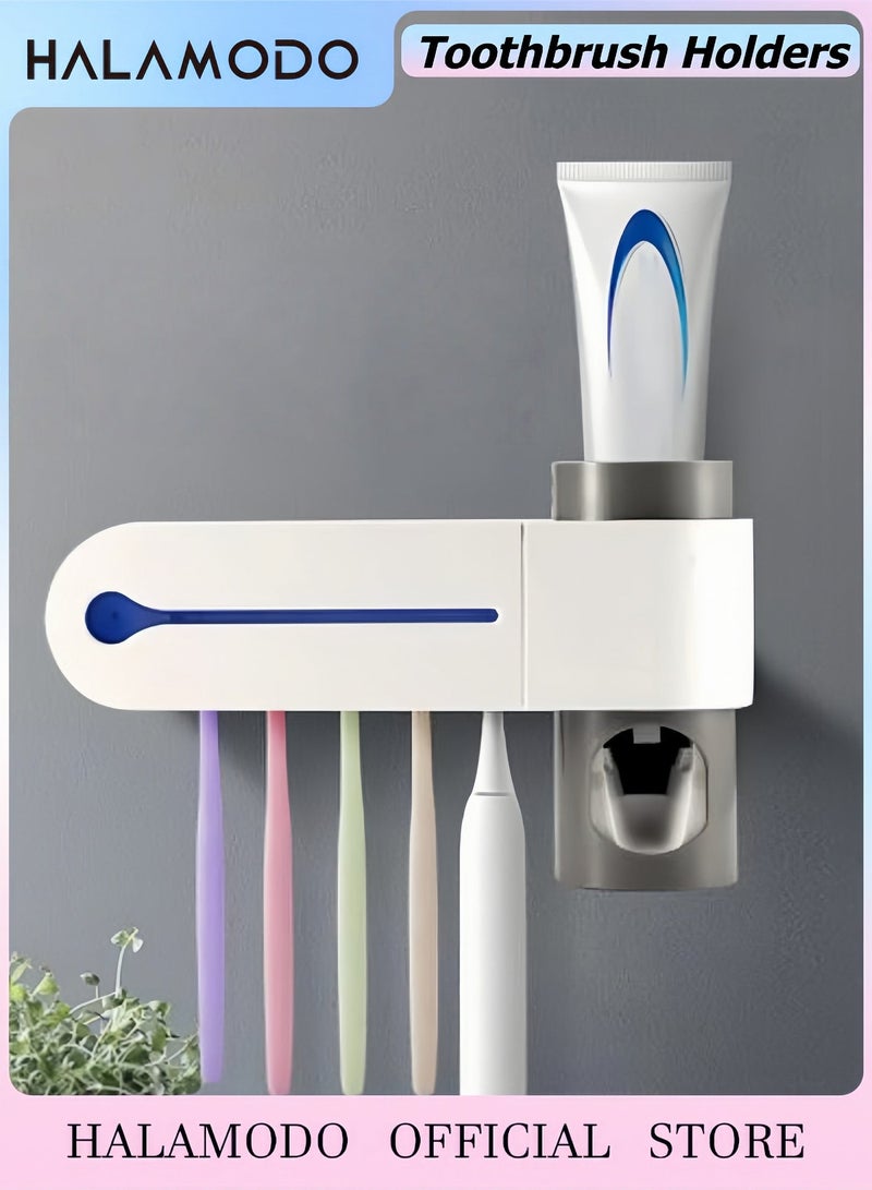هالامودو حامل فرشاة الأسنان 3 في 1 وظيفة بما في ذلك حامل فرشاة الأسنان وموزع معجون الأسنان ومعقم فرشاة الأسنان بالأشعة فوق البنفسجية وحامل معجون الأسنان المثبت على الحائط للحمامات - Image 1