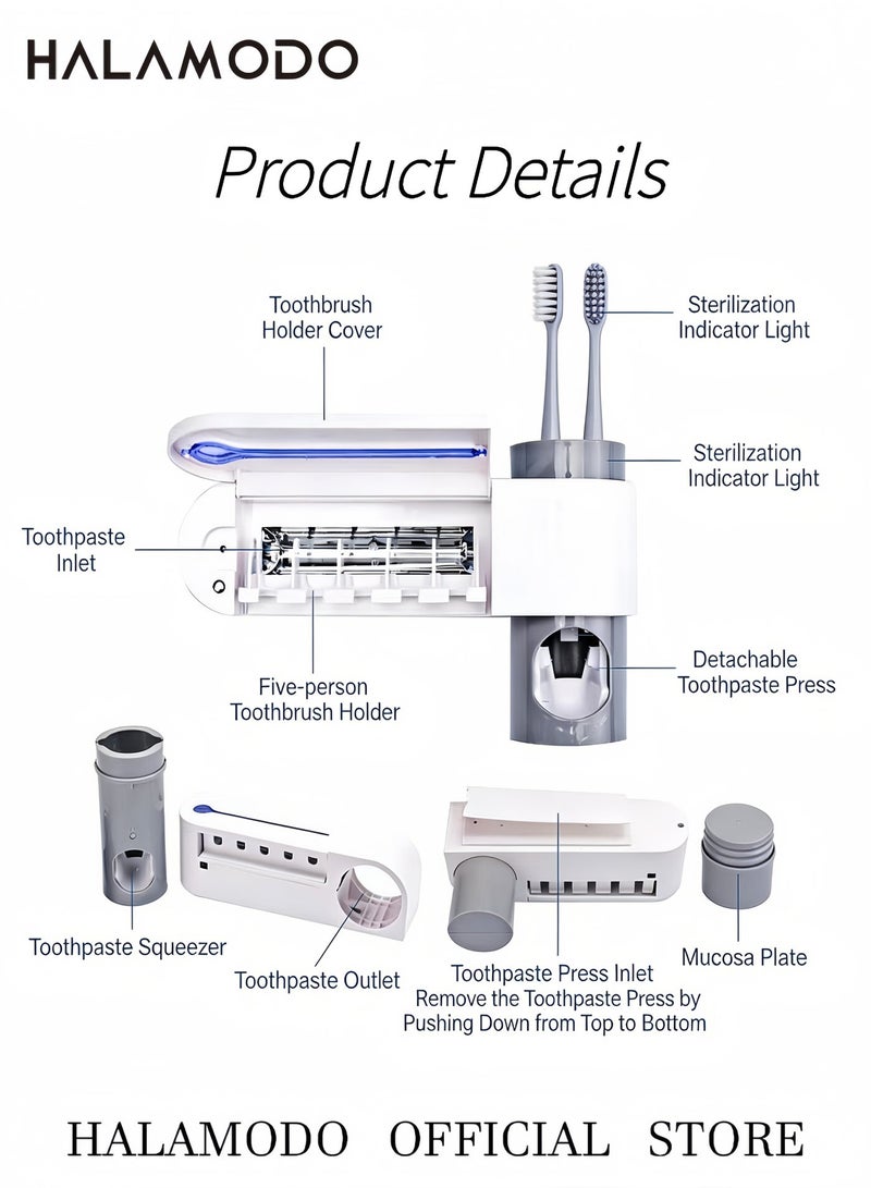 هالامودو حامل فرشاة الأسنان 3 في 1 وظيفة بما في ذلك حامل فرشاة الأسنان وموزع معجون الأسنان ومعقم فرشاة الأسنان بالأشعة فوق البنفسجية وحامل معجون الأسنان المثبت على الحائط للحمامات - Image 2