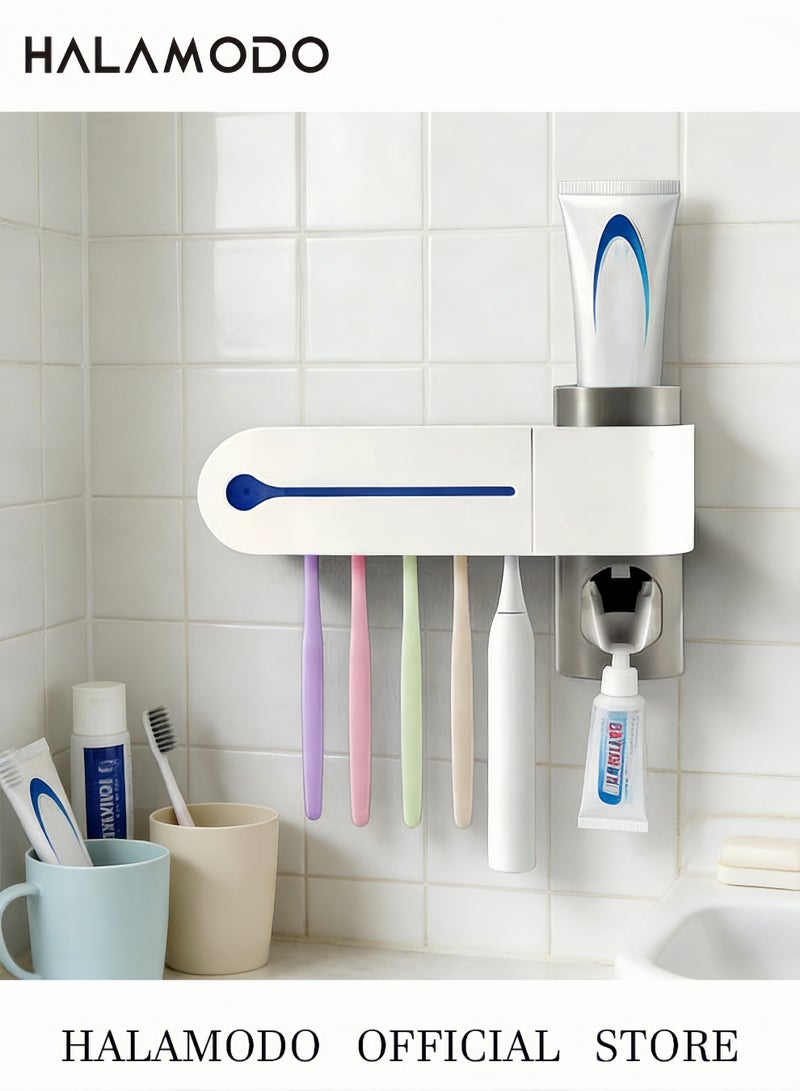 هالامودو حامل فرشاة الأسنان 3 في 1 وظيفة بما في ذلك حامل فرشاة الأسنان وموزع معجون الأسنان ومعقم فرشاة الأسنان بالأشعة فوق البنفسجية وحامل معجون الأسنان المثبت على الحائط للحمامات - Image 3