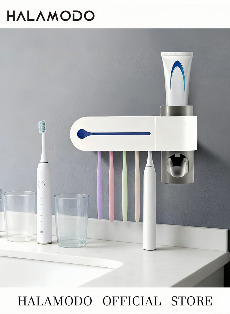 هالامودو حامل فرشاة الأسنان 3 في 1 وظيفة بما في ذلك حامل فرشاة الأسنان وموزع معجون الأسنان ومعقم فرشاة الأسنان بالأشعة فوق البنفسجية وحامل معجون الأسنان المثبت على الحائط للحمامات - Image 4
