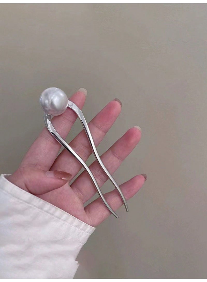 ميأميأ 2 قطع من مشابك الشعر الفاخرة، إكسسوارات شعر بتصميم بسيط على شكل حرف U، مزينة بحبيبات لؤلؤ تقليد، أداة لصنع الكعكة وتصفيف الشعر، بألوان الذهب والفضة - Image 2