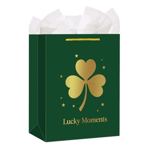 WhatSign Dark Green Gift Bag - Lucky Moments Premium & Gold Foil Embossed Clover Design Elegant Spring Holiday St.Patrick's Day Gift Wrap with Tissue Paper Large Festive Bag for Party Favors - Image 1