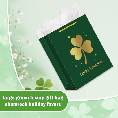 WhatSign Dark Green Gift Bag - Lucky Moments Premium & Gold Foil Embossed Clover Design Elegant Spring Holiday St.Patrick's Day Gift Wrap with Tissue Paper Large Festive Bag for Party Favors - Image 4