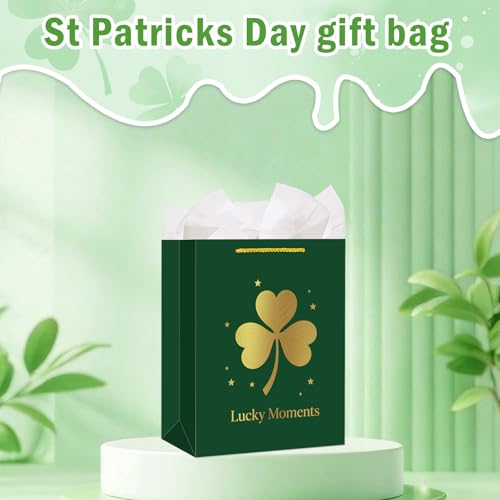 WhatSign Dark Green Gift Bag - Lucky Moments Premium & Gold Foil Embossed Clover Design Elegant Spring Holiday St.Patrick's Day Gift Wrap with Tissue Paper Large Festive Bag for Party Favors - Image 3