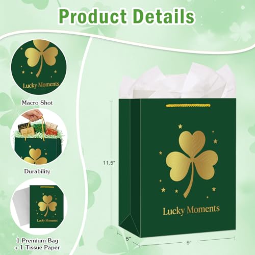 WhatSign Dark Green Gift Bag - Lucky Moments Premium & Gold Foil Embossed Clover Design Elegant Spring Holiday St.Patrick's Day Gift Wrap with Tissue Paper Large Festive Bag for Party Favors - Image 2