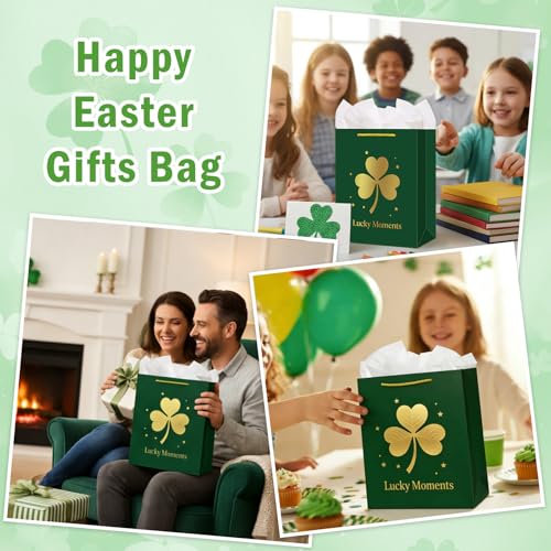 WhatSign Dark Green Gift Bag - Lucky Moments Premium & Gold Foil Embossed Clover Design Elegant Spring Holiday St.Patrick's Day Gift Wrap with Tissue Paper Large Festive Bag for Party Favors - Image 5