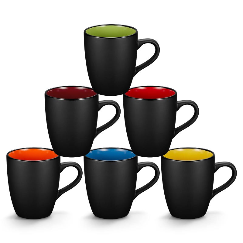 Qipecedm 6 Pack Porcelain Coffee Mugs Set 12 Ounces Ceramic Coffee Mugs Matte Black Coffee Mug Restaurant Cups for Coffee Tea Cappuccino Cocoa Cereal Black outside and Colorful inside