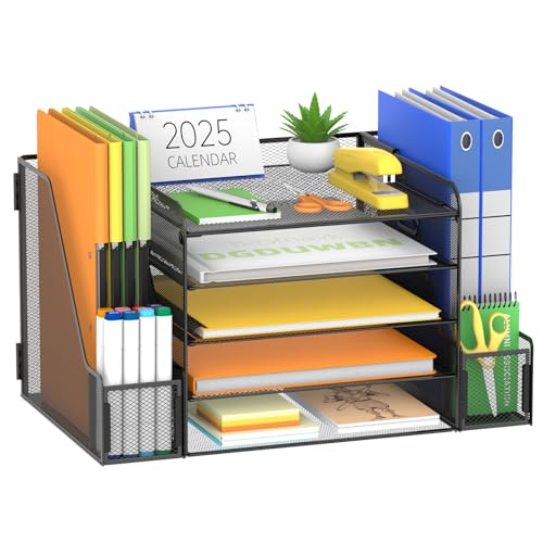 SUPEASY Desk Organizer, 5-Tier Mesh Desktop File Organizer with Bookends, File Holder, 2 Pen Cups and Paper Letter Trays, Large-Capacity Metal Organizer for Home, Office or School - Image 1