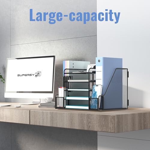 SUPEASY Desk Organizer, 5-Tier Mesh Desktop File Organizer with Bookends, File Holder, 2 Pen Cups and Paper Letter Trays, Large-Capacity Metal Organizer for Home, Office or School - Image 2