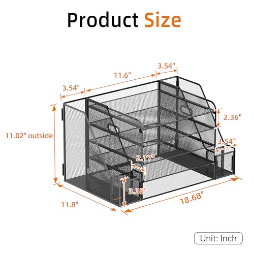 SUPEASY Desk Organizer, 5-Tier Mesh Desktop File Organizer with Bookends, File Holder, 2 Pen Cups and Paper Letter Trays, Large-Capacity Metal Organizer for Home, Office or School - Image 3