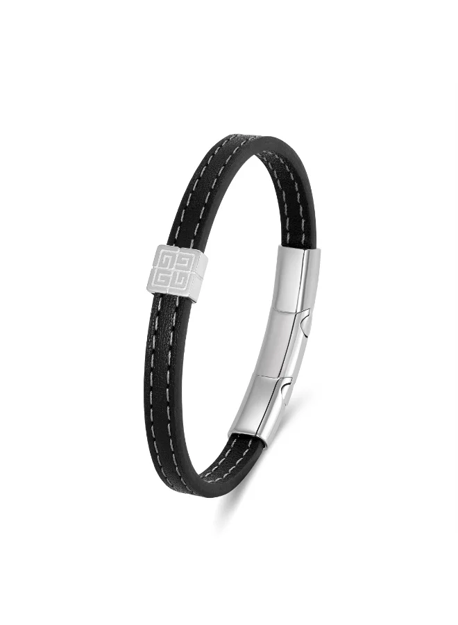 غاي لاروش Charlie Stainless Steel Bracelet with Black Flat Leather