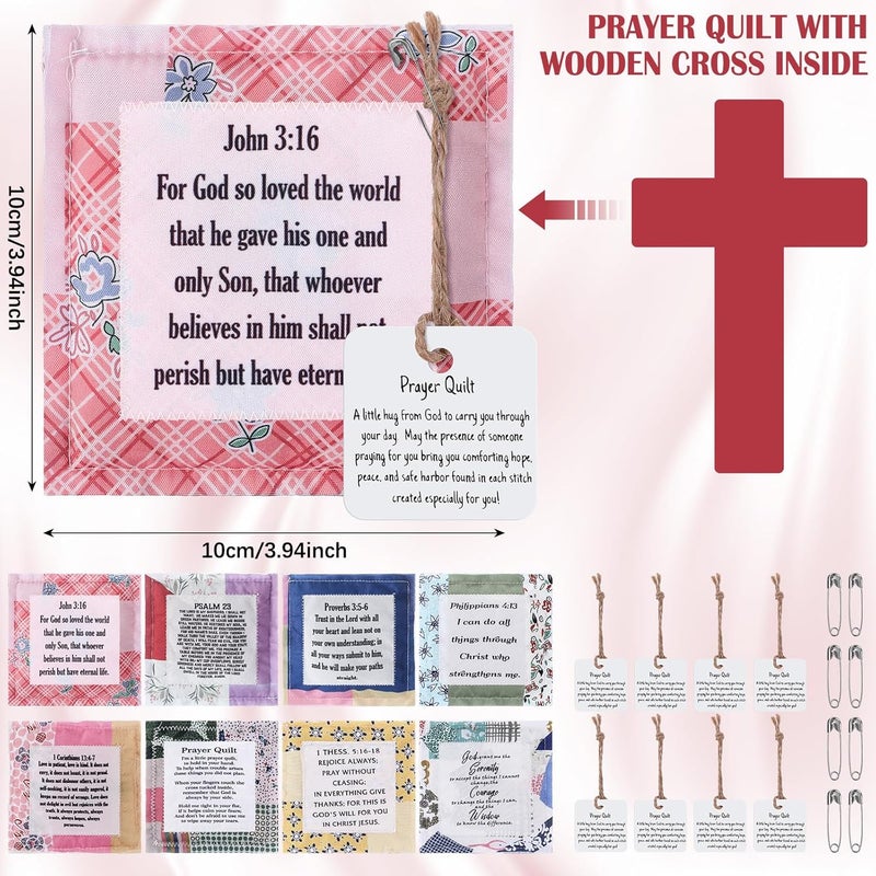 FuWeave 8 Pack Prayer Quilt with Cross Inside Pocket Mini Scripture Prayer Squares Quilt Christmas Christian Gifts for Women Friend Family Clergy Pastor Encouragement Gift - Image 2