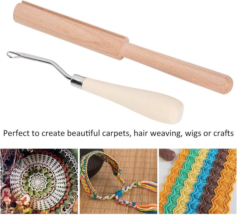 GLOGLOW Crochet Hook, 6.3in Wooden Bent Latch Hook Tool and Wooden Thread Cutter for Crafts Carpet Rug Tapestry Making - Image 2