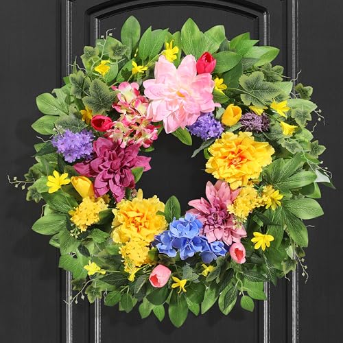 Vsonker Spring Wreaths for Front Door 24 Inch Greenery Front Door Wreath with Peonies Dahlias Hydrangeas Artificial Home Decorations for Indoor Outdoor Window WallOutside Floral Wreath Decor for Home Porch - Image 1