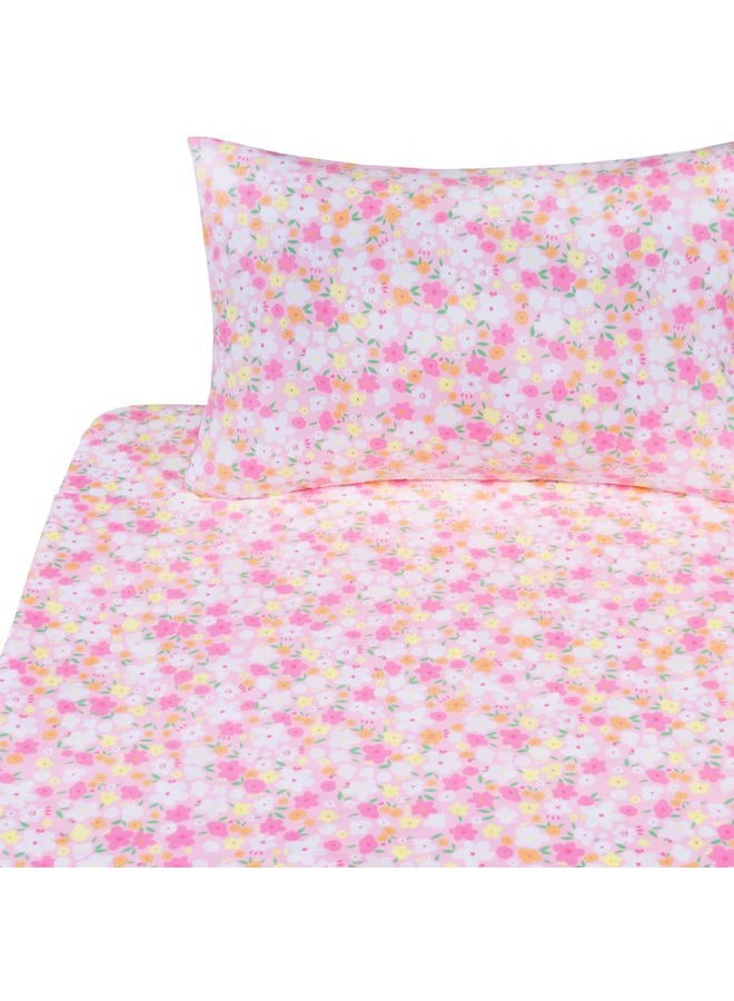 J-pinno Pink Floral Flower Cartoon 100% Cotton Twin 3 Pieces Sheet Set Decoration Kids Boys Girls Children Flat Sheet + Fitted Sheet + Pillowcase Bedding Set - Image 3