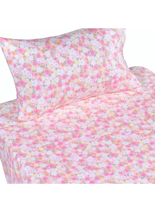 J-pinno Pink Floral Flower Cartoon 100% Cotton Twin 3 Pieces Sheet Set Decoration Kids Boys Girls Children Flat Sheet + Fitted Sheet + Pillowcase Bedding Set - Image 2