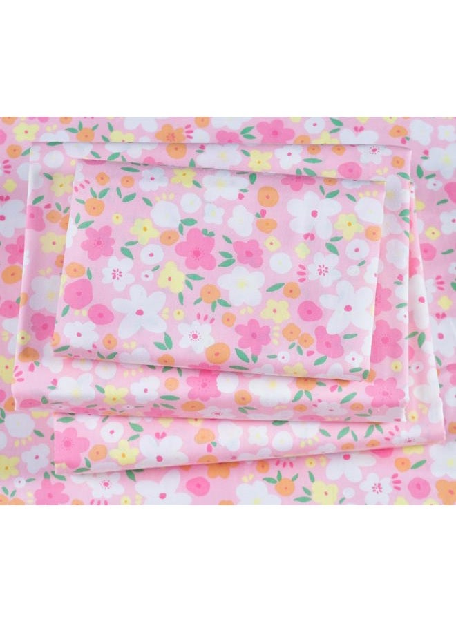 J-pinno Pink Floral Flower Cartoon 100% Cotton Twin 3 Pieces Sheet Set Decoration Kids Boys Girls Children Flat Sheet + Fitted Sheet + Pillowcase Bedding Set - Image 1