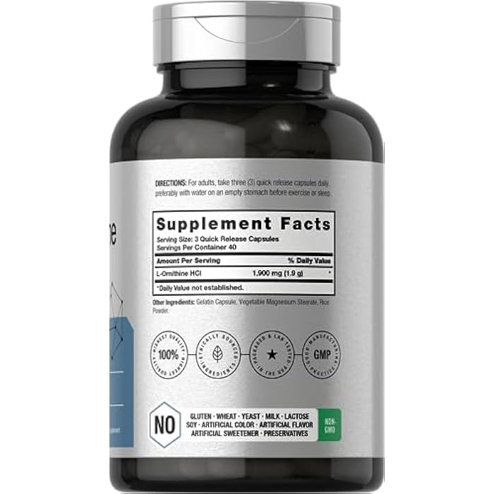 Horbäach L Ornithine HCl | 1900mg | 120 Capsules | Non-GMO & Gluten Free Supplement - Image 2