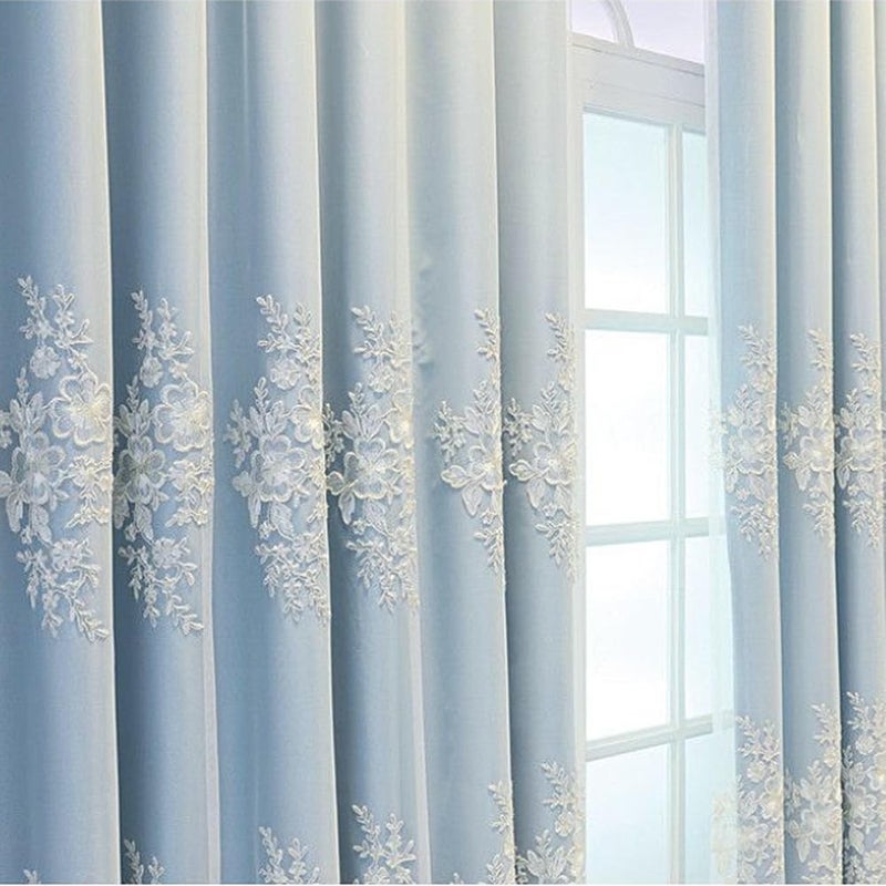 Amidoudou 1 Pair European Double Layer Curtains Luxury Flower Embroidered Curtains for Living Room Bedroom (Blue,52x84 Inch) - Image 4