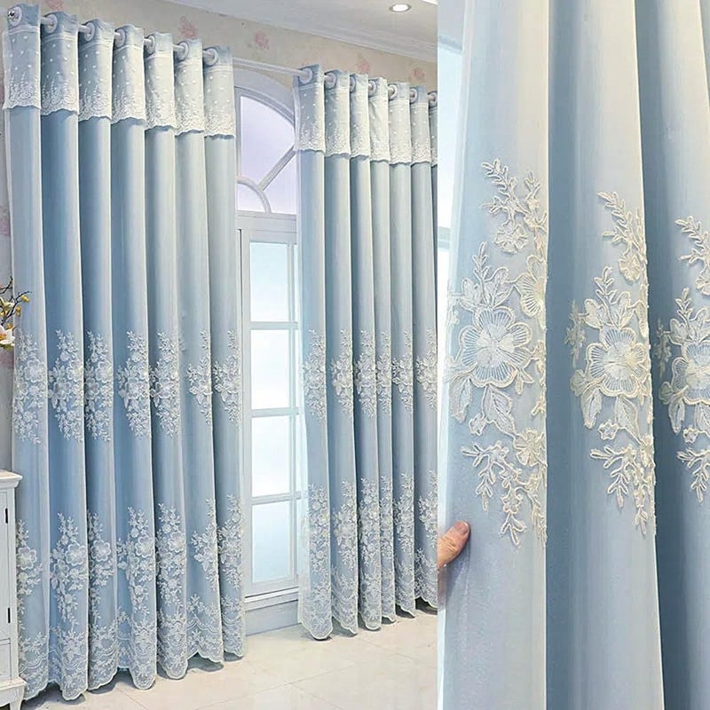 Amidoudou 1 Pair European Double Layer Curtains Luxury Flower Embroidered Curtains for Living Room Bedroom (Blue,52x84 Inch) - Image 1