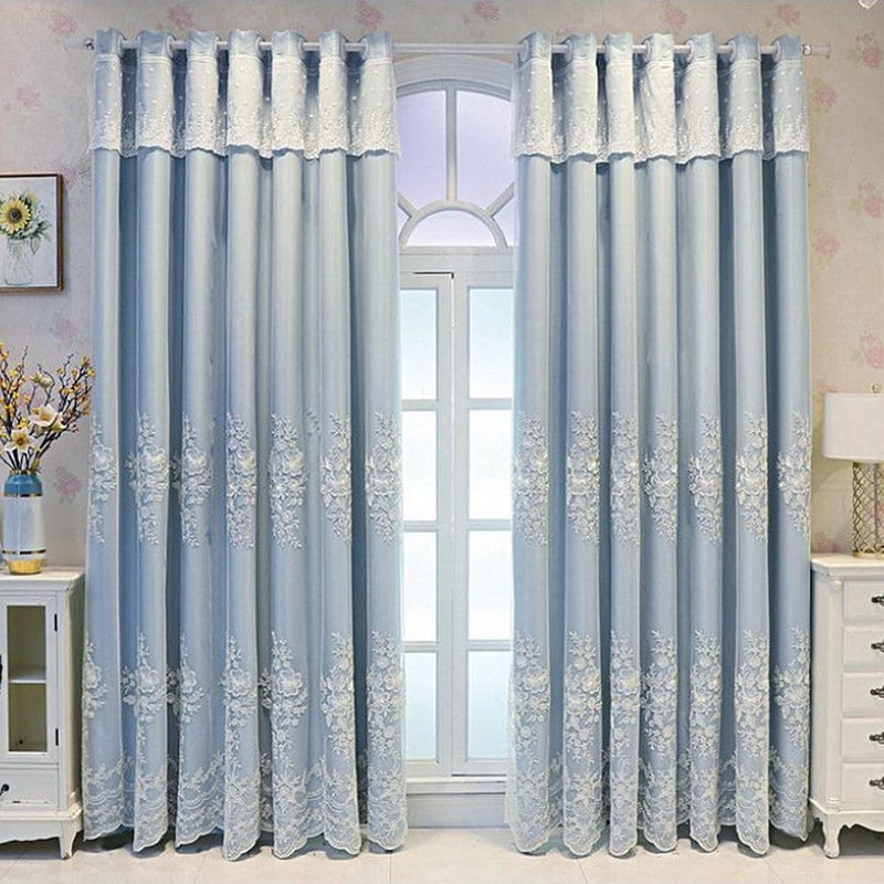 Amidoudou 1 Pair European Double Layer Curtains Luxury Flower Embroidered Curtains for Living Room Bedroom (Blue,52x84 Inch) - Image 2