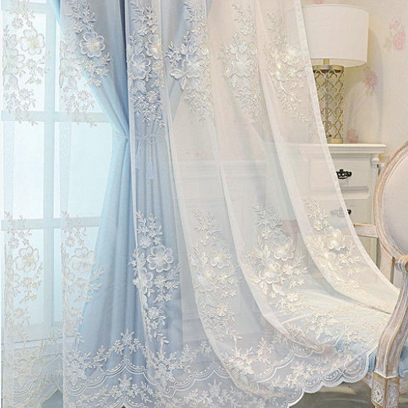 Amidoudou 1 Pair European Double Layer Curtains Luxury Flower Embroidered Curtains for Living Room Bedroom (Blue,52x84 Inch) - Image 5