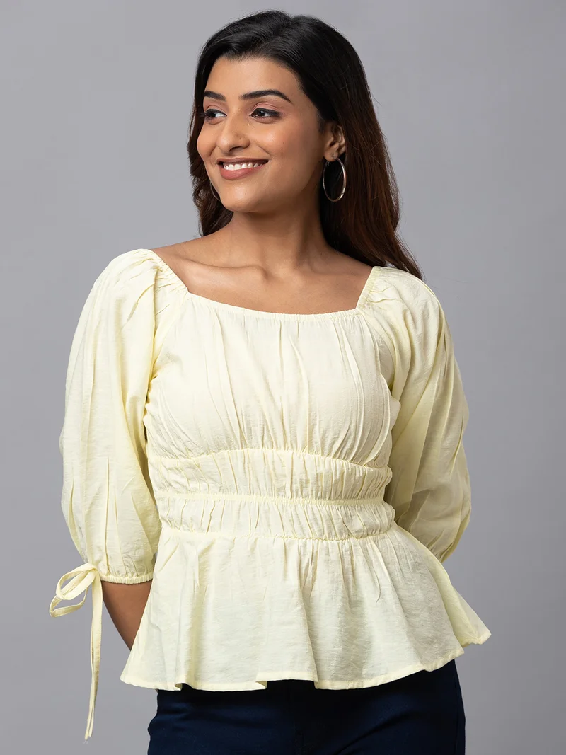 globus Women Yellow Solid Square Neck Peplum Crop Top