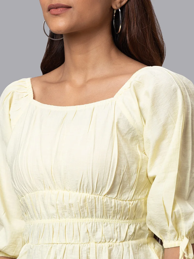 globus Women Yellow Solid Square Neck Peplum Crop Top