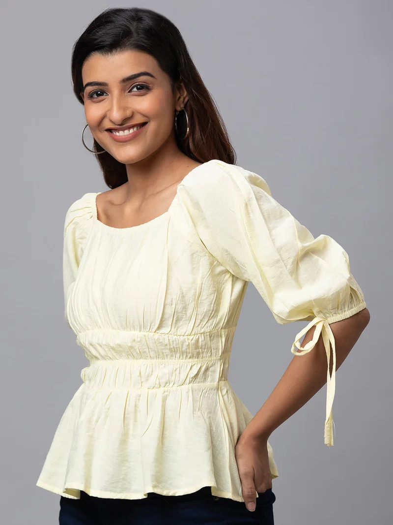 globus Women Yellow Solid Square Neck Peplum Crop Top