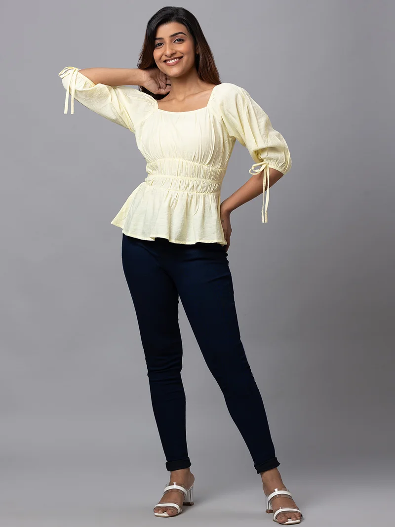 globus Women Yellow Solid Square Neck Peplum Crop Top