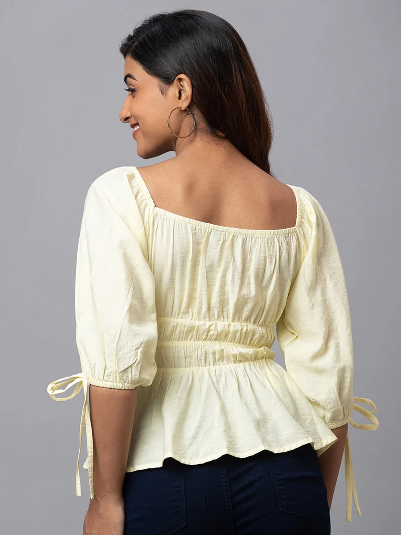 globus Women Yellow Solid Square Neck Peplum Crop Top