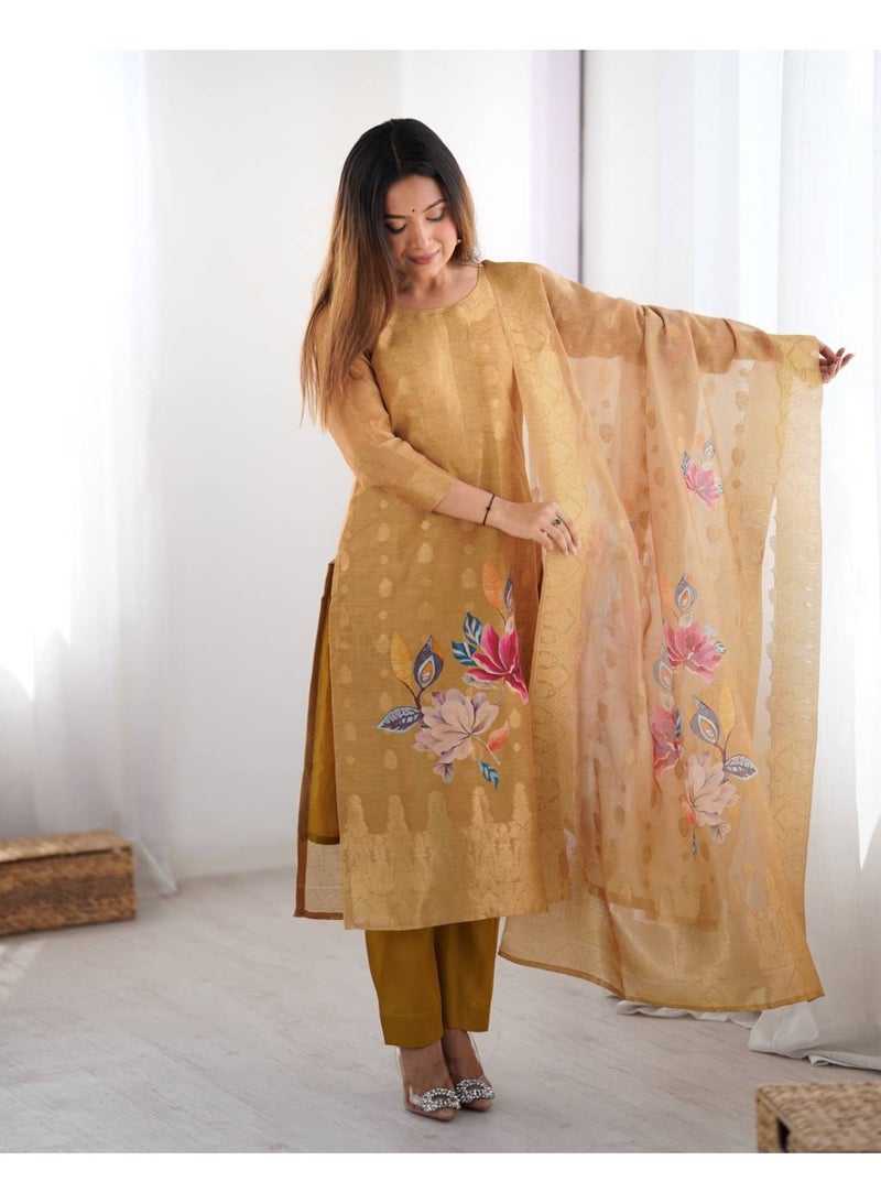 Super Asian Elegant Chanderi Silk Jacquard & Digital Print Set with Micro Pant & Matching Dupatta - Image 2