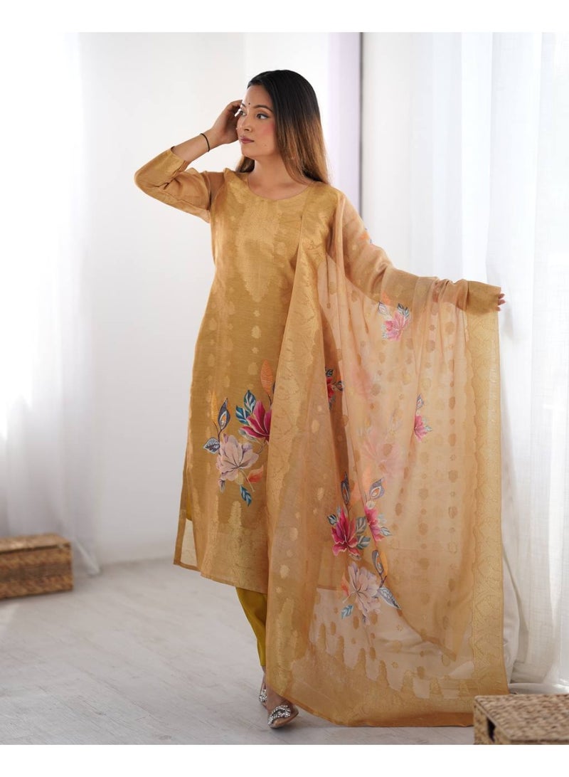 Super Asian Elegant Chanderi Silk Jacquard & Digital Print Set with Micro Pant & Matching Dupatta - Image 4