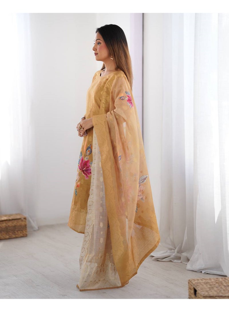 Super Asian Elegant Chanderi Silk Jacquard & Digital Print Set with Micro Pant & Matching Dupatta - Image 3