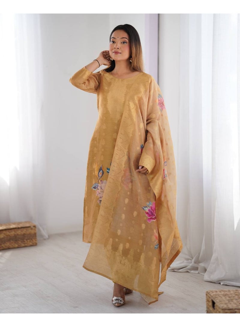 Super Asian Elegant Chanderi Silk Jacquard & Digital Print Set with Micro Pant & Matching Dupatta - Image 1