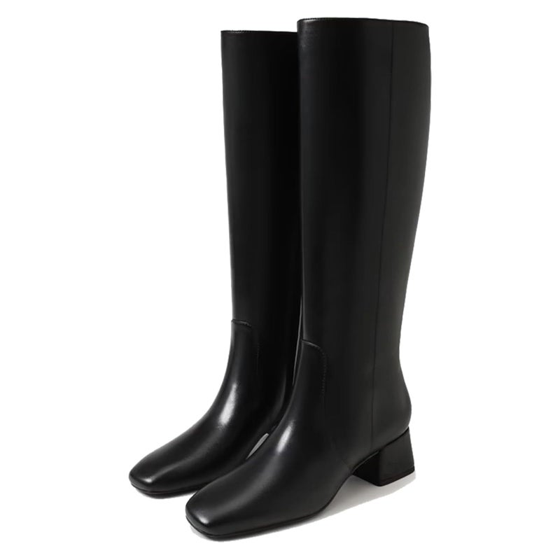 MICIFA Knee High Boots Women Chunky Heel Square Toe Leather Tall Boot for Women Low Heel Side Zipper Long Shoes Black - Image 1