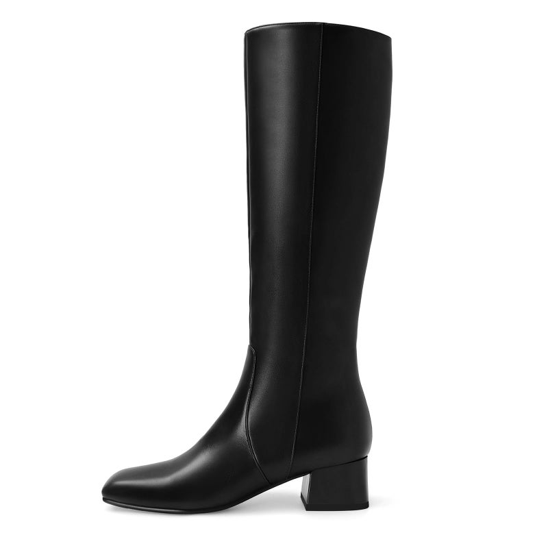 MICIFA Knee High Boots Women Chunky Heel Square Toe Leather Tall Boot for Women Low Heel Side Zipper Long Shoes Black - Image 5