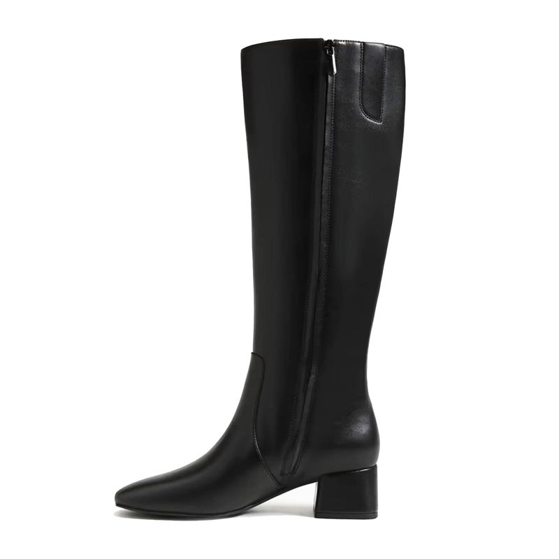 MICIFA Knee High Boots Women Chunky Heel Square Toe Leather Tall Boot for Women Low Heel Side Zipper Long Shoes Black - Image 4