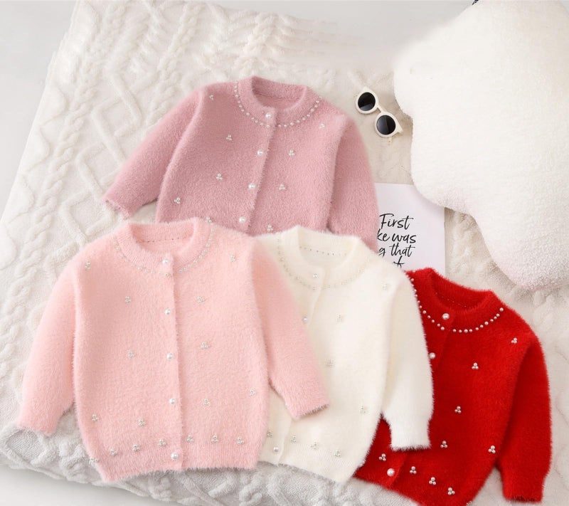 Bold N Elegant Girls Soft Knit Winter Cardigan Sweater with Pearl Buttons | Warm Woolen Stylish Party Cardigan for Girls Upto 5 Years Mauve - Image 3