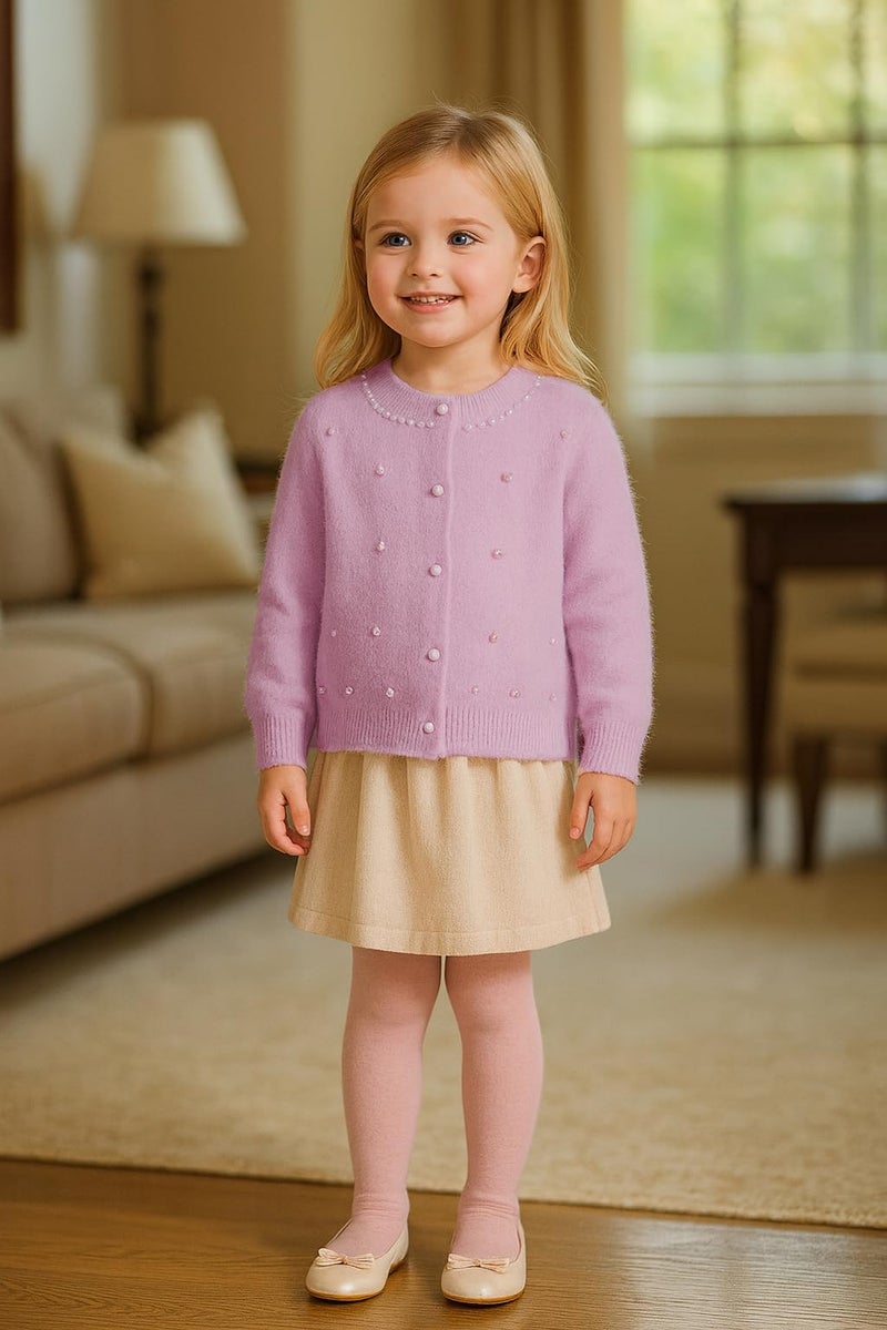 Bold N Elegant Girls Soft Knit Winter Cardigan Sweater with Pearl Buttons | Warm Woolen Stylish Party Cardigan for Girls Upto 5 Years Mauve - Image 2