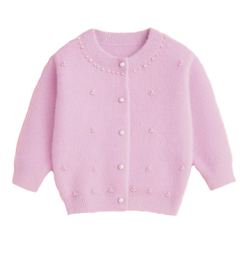 Bold N Elegant Girls Soft Knit Winter Cardigan Sweater with Pearl Buttons | Warm Woolen Stylish Party Cardigan for Girls Upto 5 Years Mauve - Image 1