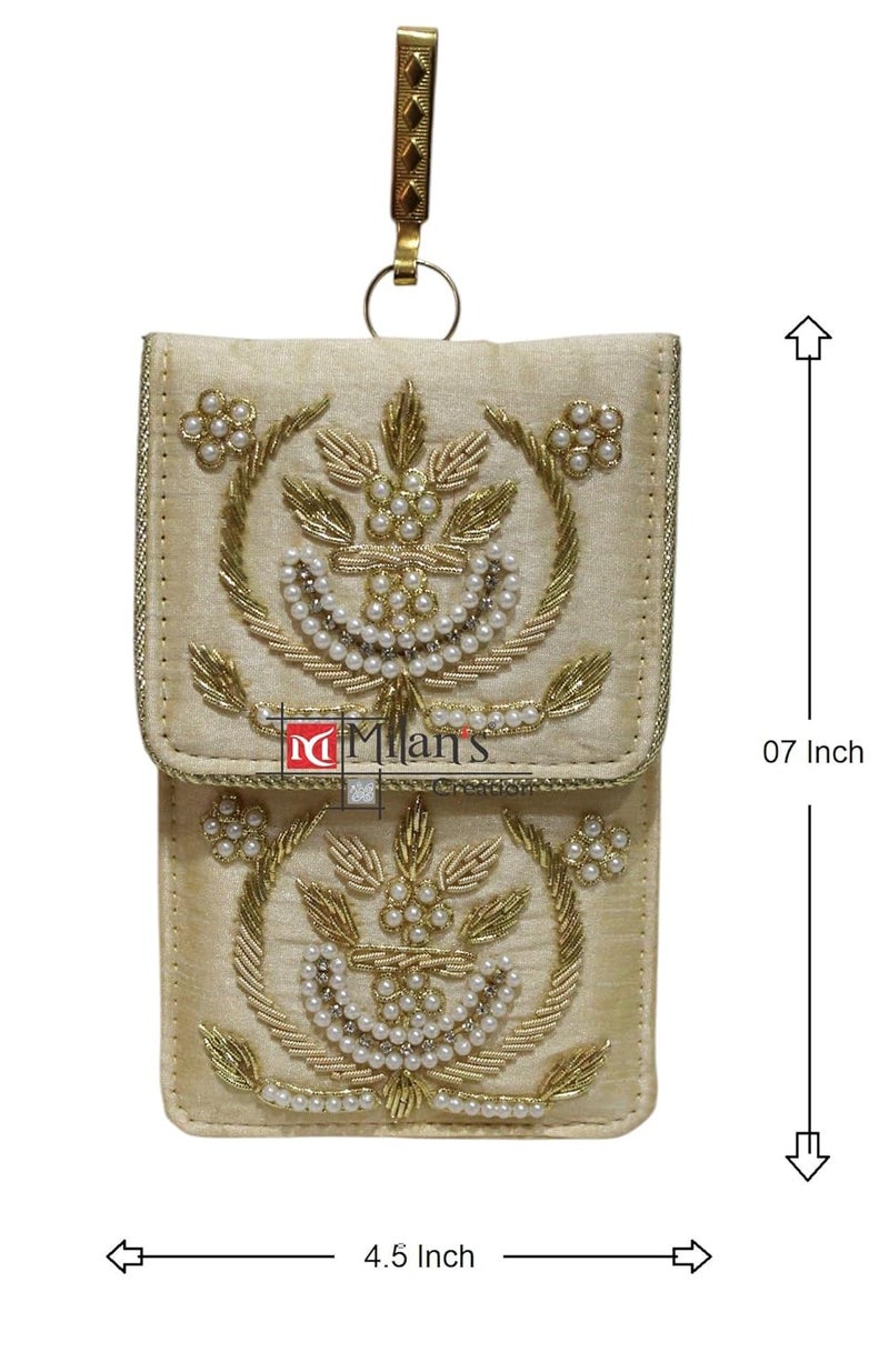 MILAN'S CREATION Exclusive Mobile Pouch Zardozi Hand Embroidery With Waist Clip Hook & Sling Chain (removable) | Ladies Women’s Handbag Wallet Sling Purse | Party Wedding Festival Giveaways Gift | - Image 5