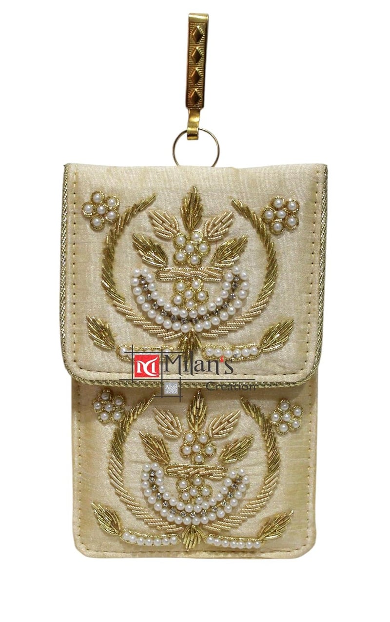 MILAN'S CREATION Exclusive Mobile Pouch Zardozi Hand Embroidery With Waist Clip Hook & Sling Chain (removable) | Ladies Women’s Handbag Wallet Sling Purse | Party Wedding Festival Giveaways Gift | - Image 1
