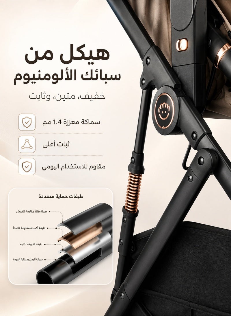 هيبوبي عربة أطفال 2 في 1 مع سرير ومقعد للطفل، قابلة للطي، هيكل من الألمنيوم، نظام تعليق مريح، حزام أمان 5 نقاط، مظلة قابلة للتعديل ونافذة تهوية، أسود ذهبي - Image 5